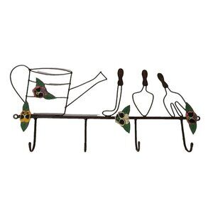 VTG Metal Garden Tools Flower 4 Hooks Hanging Rack Rustic MCM Industrial Rare